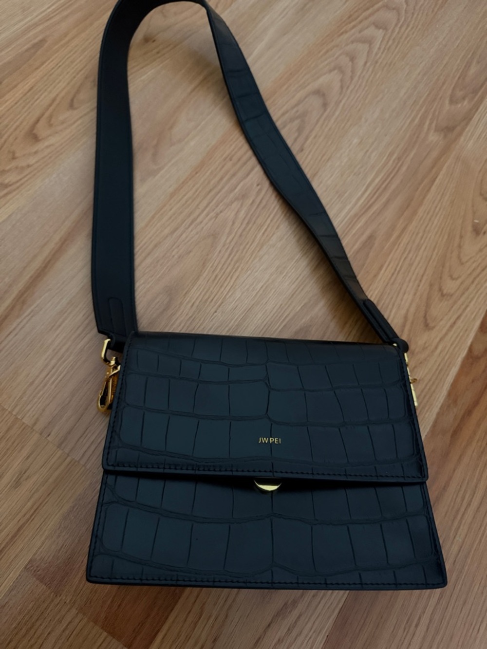 JW PEI Black Croc-Embossed Crossbody Bag with Gold Hardware